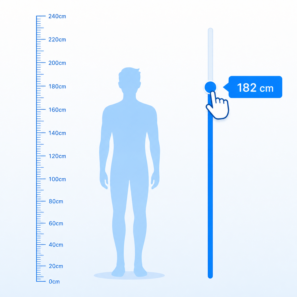 Height comparison slider with a hand cursor dragging to 182 cm